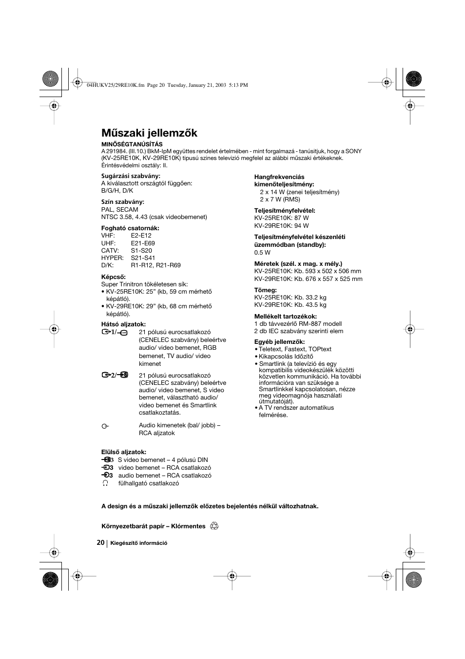 Műszaki jellemzők | Sony KV-25RE10K User Manual | Page 80 / 142