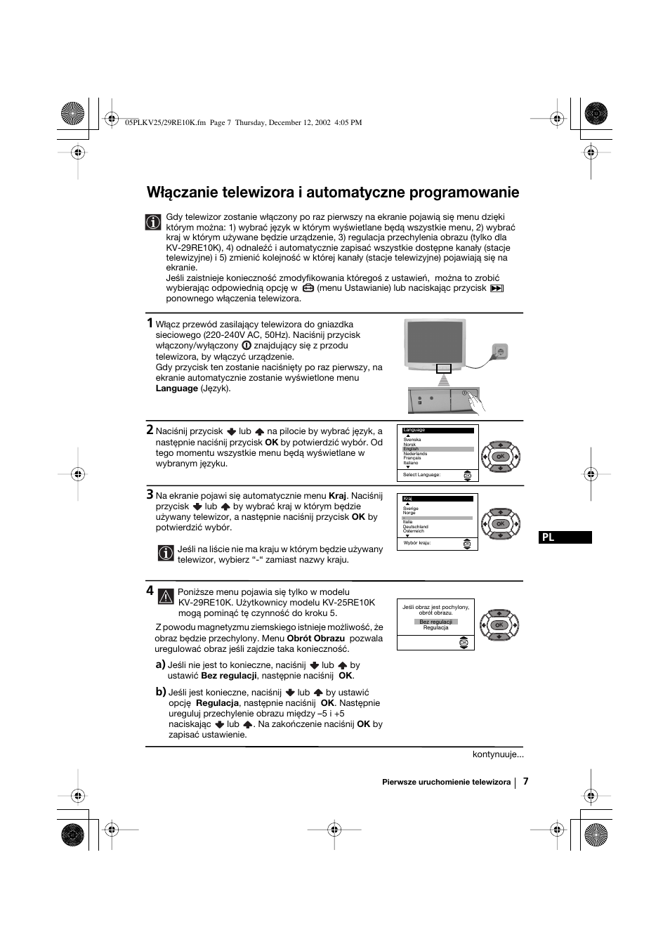 Włączanie telewizora i automatyczne programowanie | Sony KV-25RE10K User Manual | Page 87 / 142