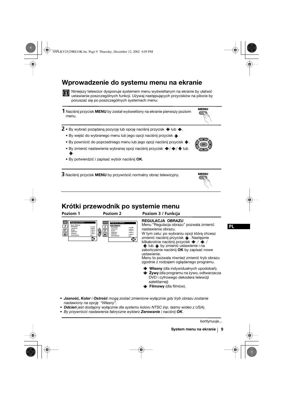 Wprowadzenie do systemu menu na ekranie, Krótki przewodnik po systemie menu | Sony KV-25RE10K User Manual | Page 89 / 142