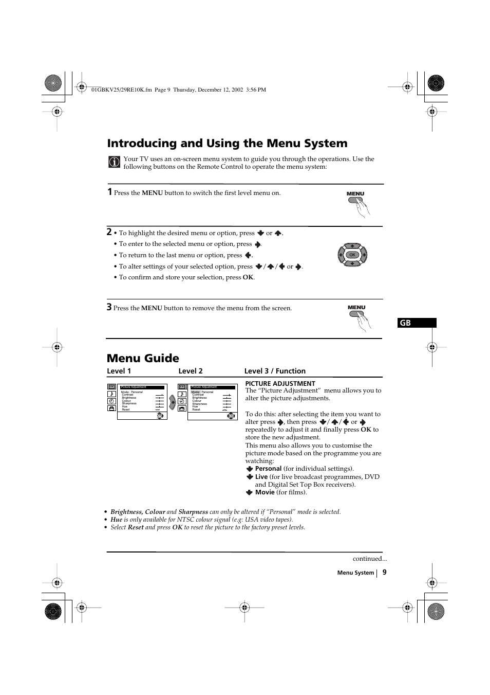 Introducing and using the menu system, Menu guide | Sony KV-25RE10K User Manual | Page 9 / 142