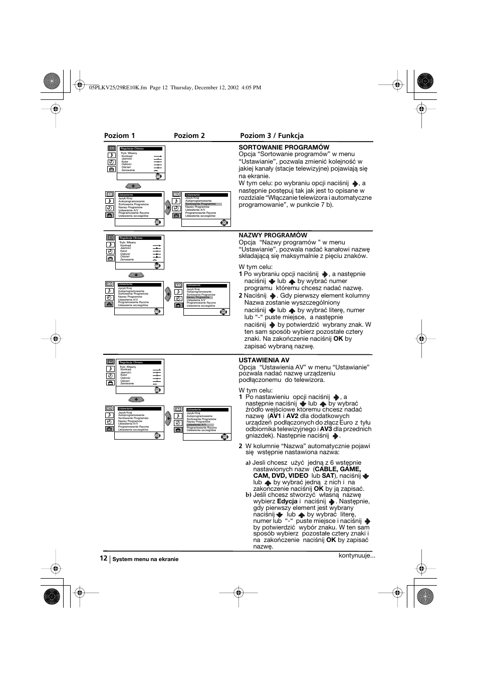 Poziom 1 poziom 2 poziom 3 / funkcja | Sony KV-25RE10K User Manual | Page 92 / 142