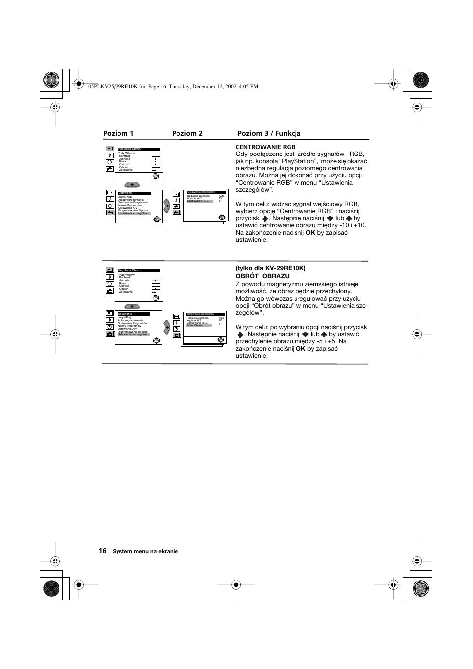 Poziom 1 poziom 2 poziom 3 / funkcja | Sony KV-25RE10K User Manual | Page 96 / 142