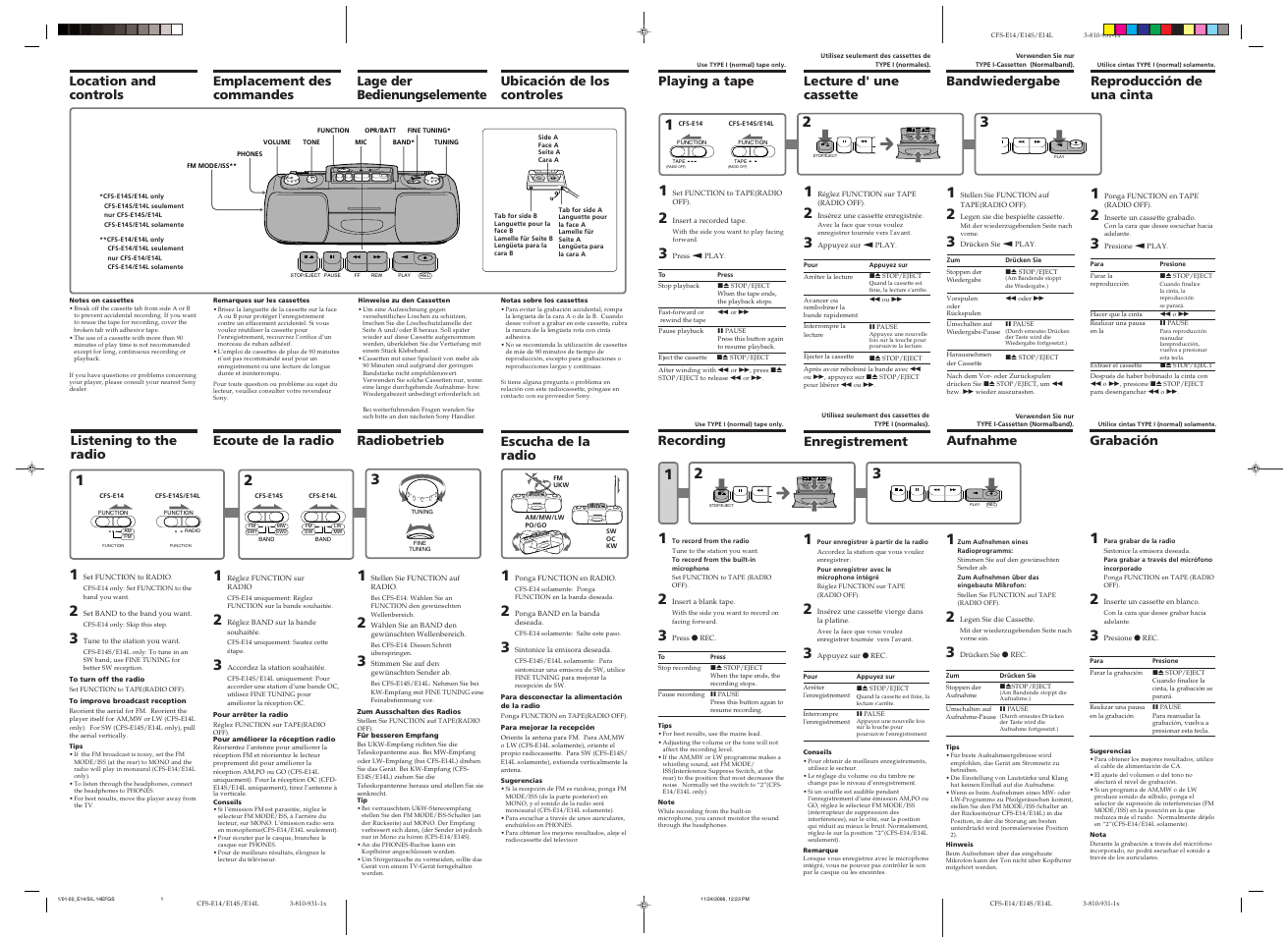 Listening to the radio radiobetrieb, Reproducción de una cinta, Aufnahme | Recording, Grabación, Enregistrement | Sony CFS-E14 User Manual | Page 2 / 2