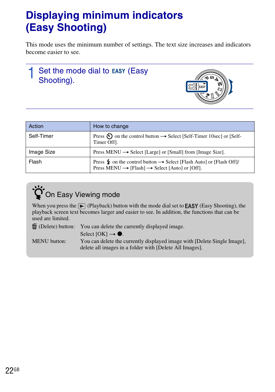Using shooting functions, Displaying minimum indicators (easy shooting), Set the mode dial to (easy shooting) | Sony Cyber-shot DSC-HX1 User Manual | Page 22 / 76