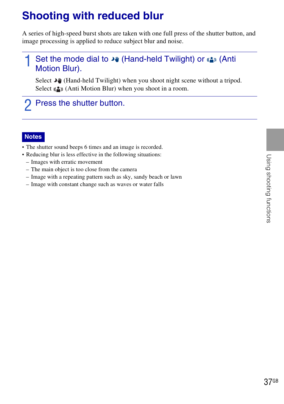 Shooting with reduced blur | Sony Cyber-shot DSC-HX1 User Manual | Page 37 / 76