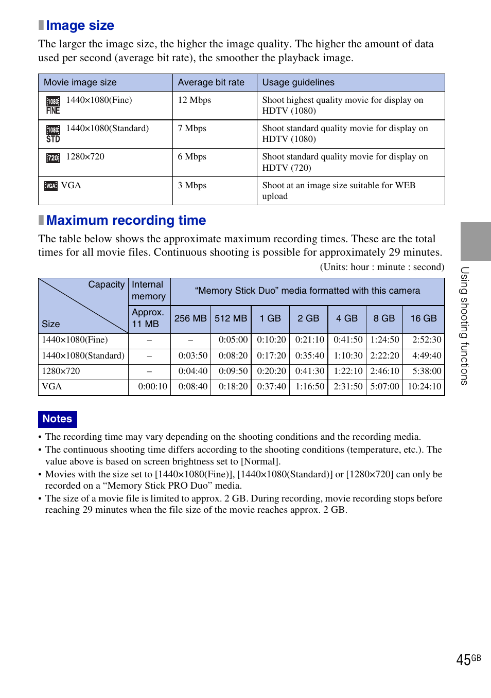 Ximage size, Xmaximum recording time | Sony Cyber-shot DSC-HX1 User Manual | Page 45 / 76