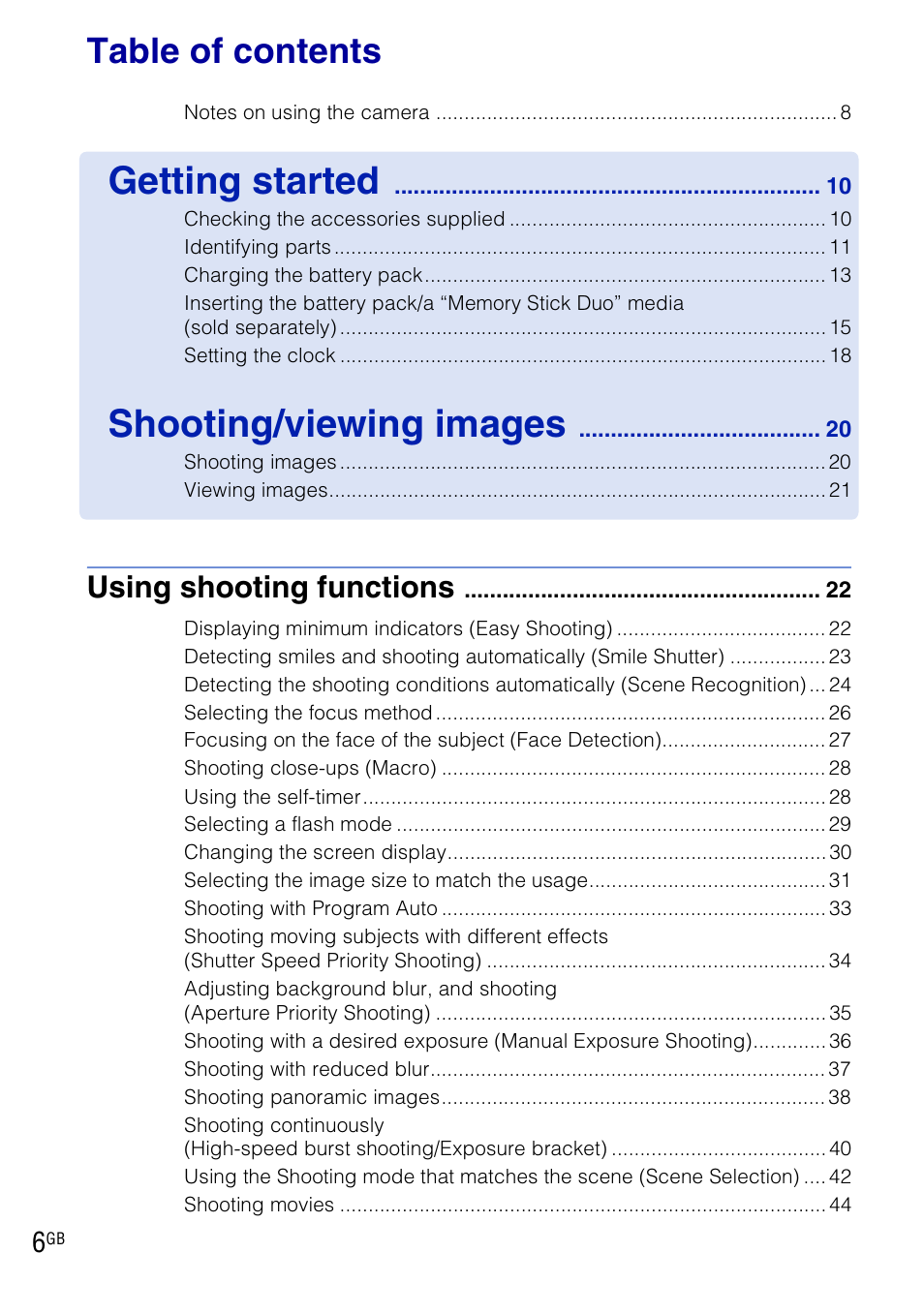 Sony Cyber-shot DSC-HX1 User Manual | Page 6 / 76