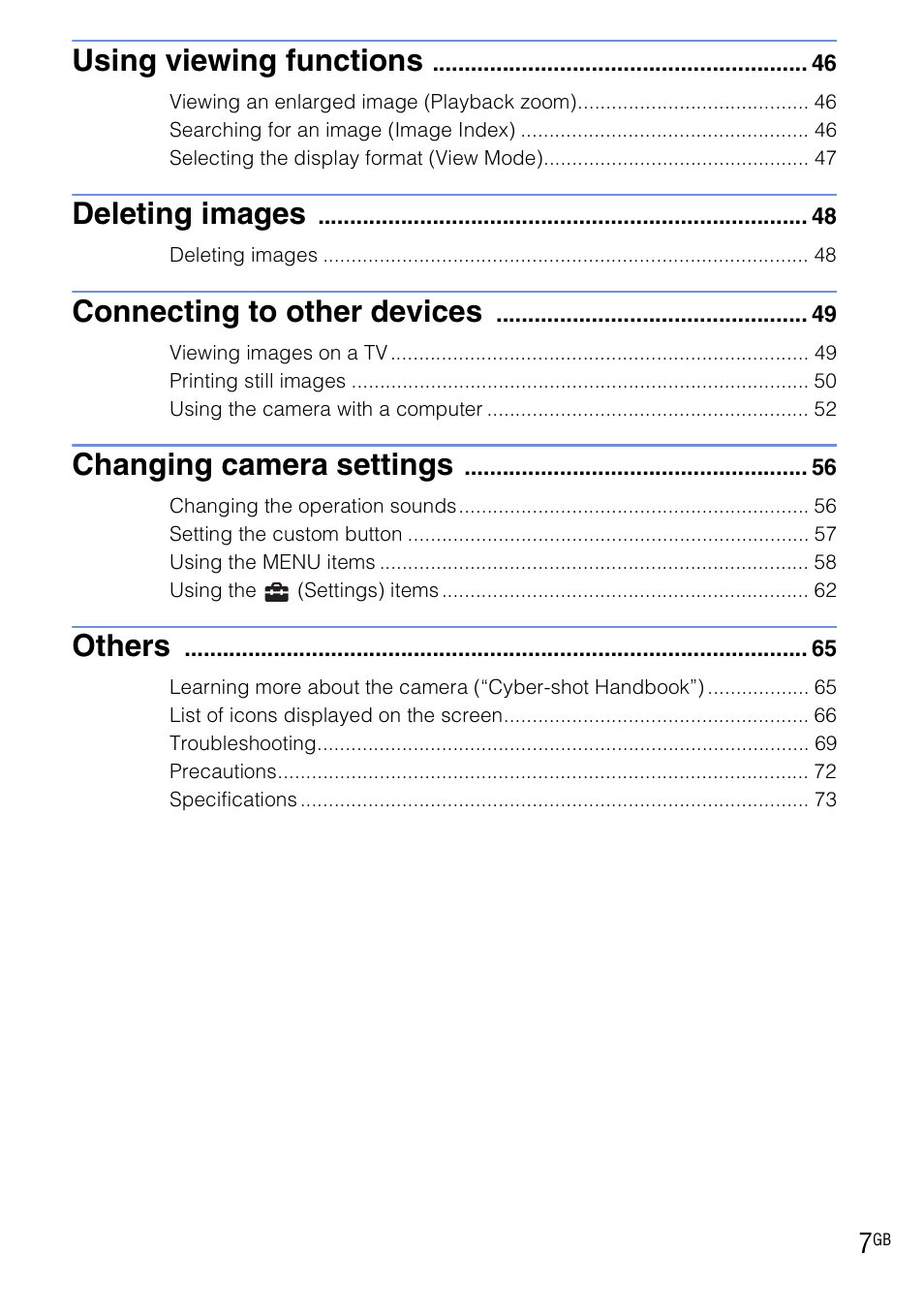 Using viewing functions, Deleting images, Connecting to other devices | Changing camera settings, Others | Sony Cyber-shot DSC-HX1 User Manual | Page 7 / 76