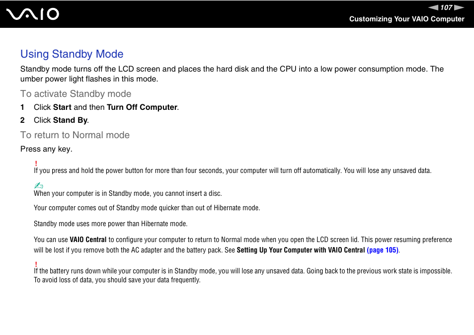 Using standby mode | Sony VGN-C100 User Manual | Page 107 / 192