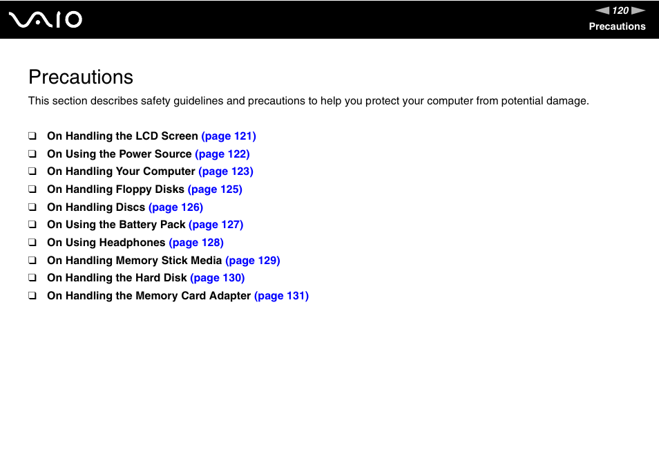 Precautions | Sony VGN-C100 User Manual | Page 120 / 192