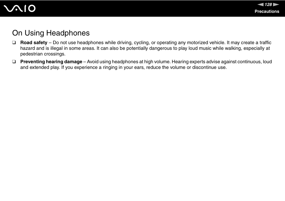 On using headphones | Sony VGN-C100 User Manual | Page 128 / 192