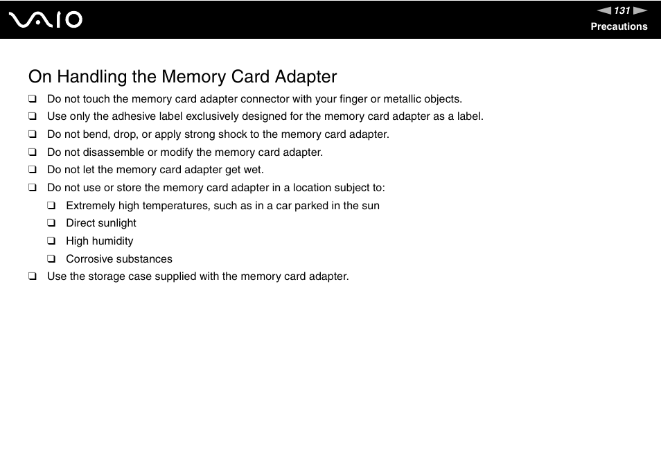 On handling the memory card adapter | Sony VGN-C100 User Manual | Page 131 / 192