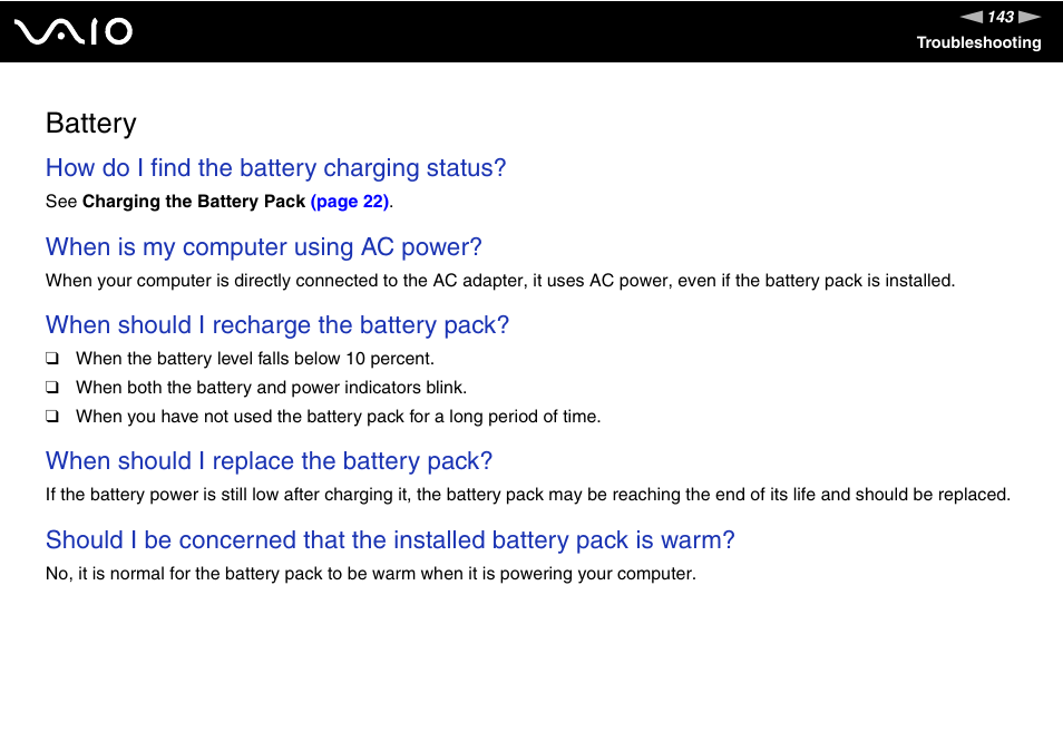 Battery, How do i find the battery charging status, When is my computer using ac power | When should i recharge the battery pack, When should i replace the battery pack | Sony VGN-C100 User Manual | Page 143 / 192