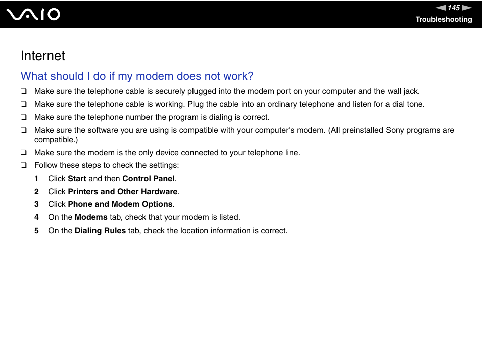 Internet, What should i do if my modem does not work | Sony VGN-C100 User Manual | Page 145 / 192