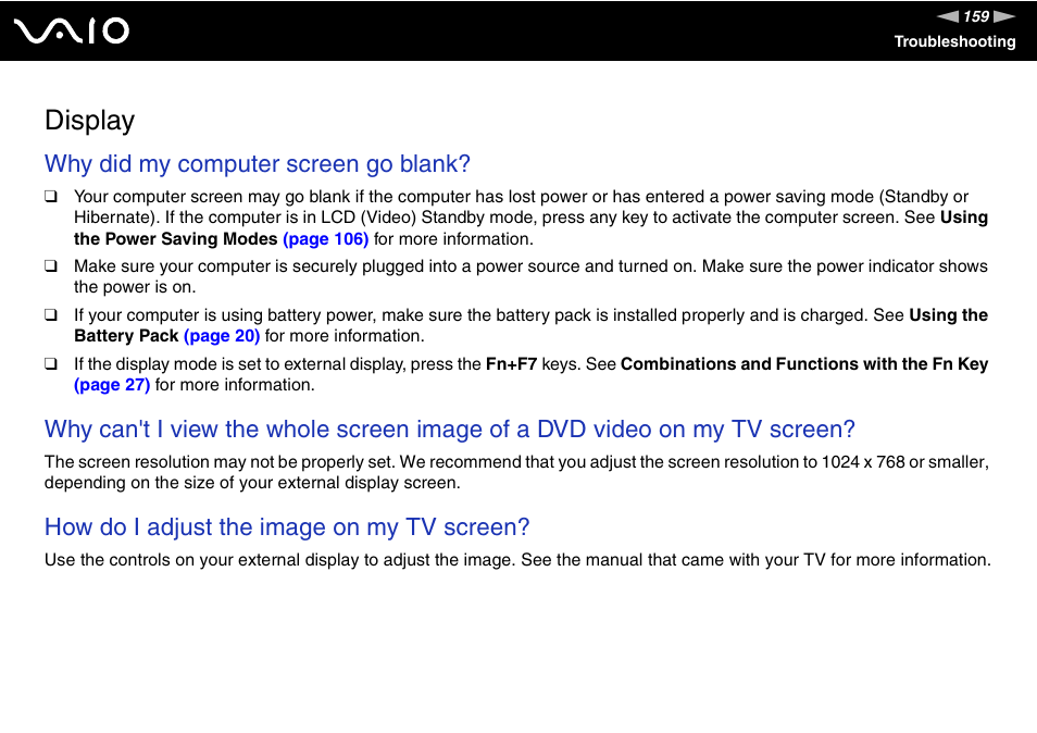 Display, Why did my computer screen go blank, How do i adjust the image on my tv screen | Sony VGN-C100 User Manual | Page 159 / 192