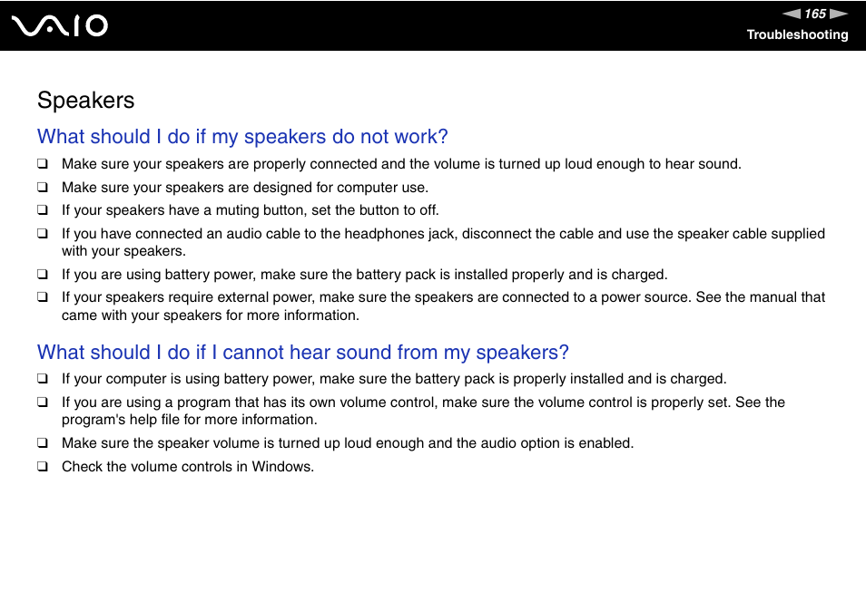 Speakers, What should i do if my speakers do not work | Sony VGN-C100 User Manual | Page 165 / 192
