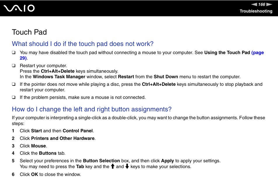 Touch pad, What should i do if the touch pad does not work | Sony VGN-C100 User Manual | Page 166 / 192
