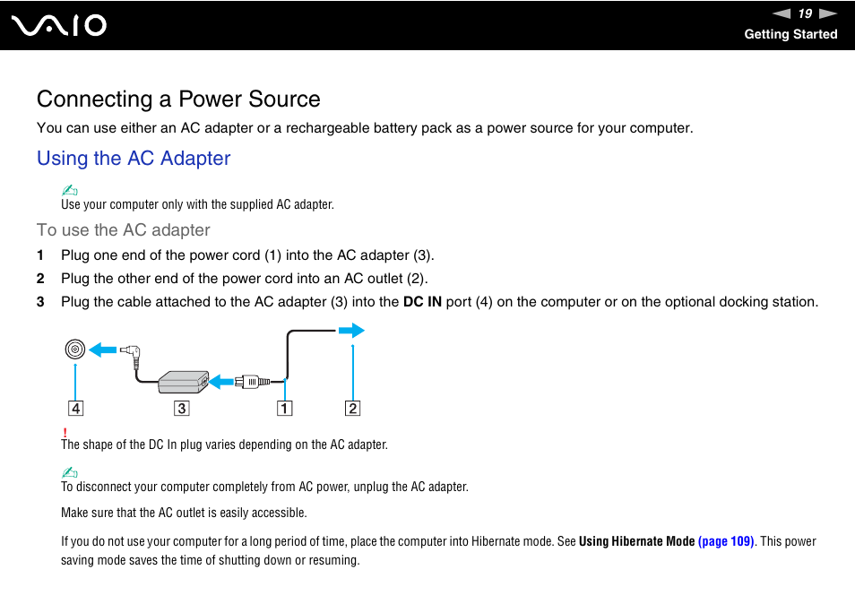 Connecting a power source, Using the ac adapter | Sony VGN-C100 User Manual | Page 19 / 192