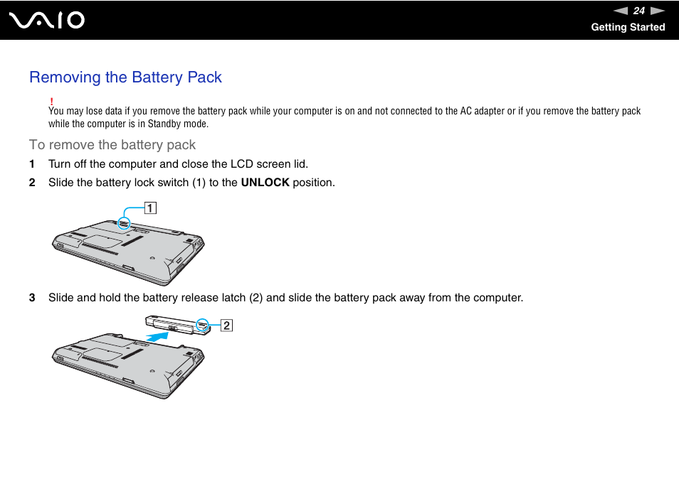 Removing the battery pack | Sony VGN-C100 User Manual | Page 24 / 192