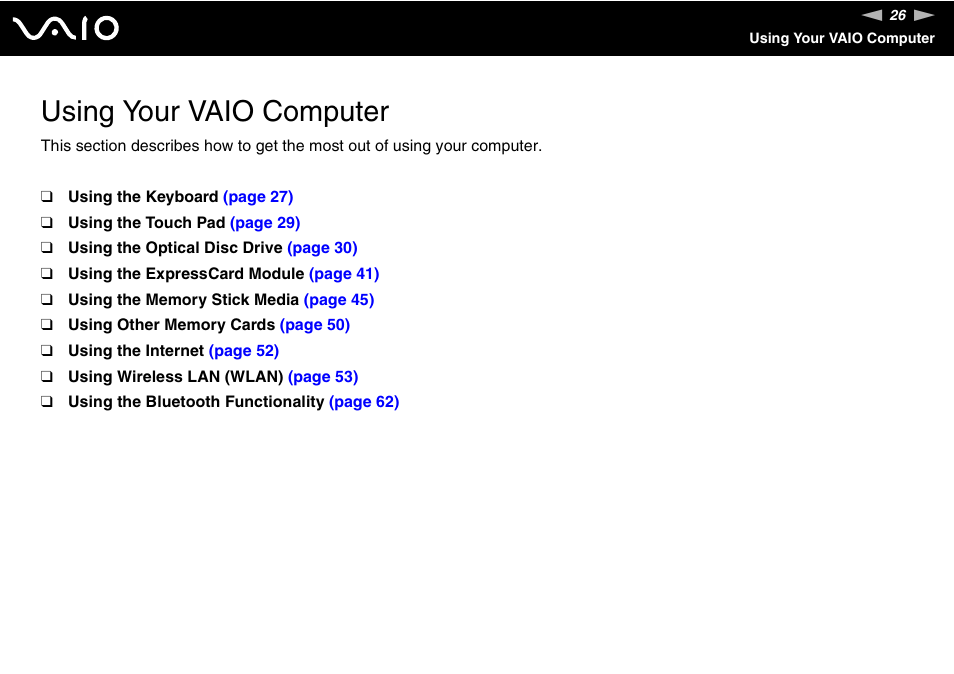 Using your vaio computer | Sony VGN-C100 User Manual | Page 26 / 192