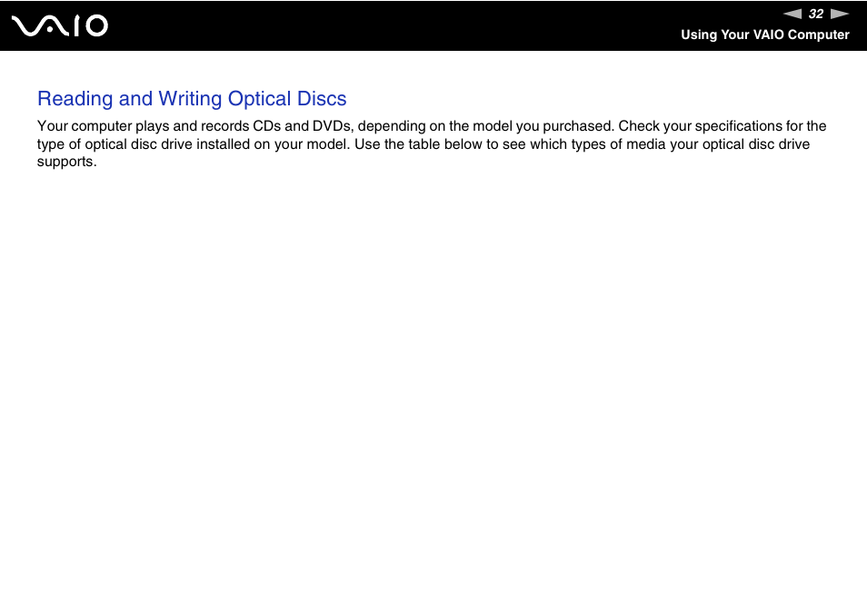 Reading and writing optical discs | Sony VGN-C100 User Manual | Page 32 / 192