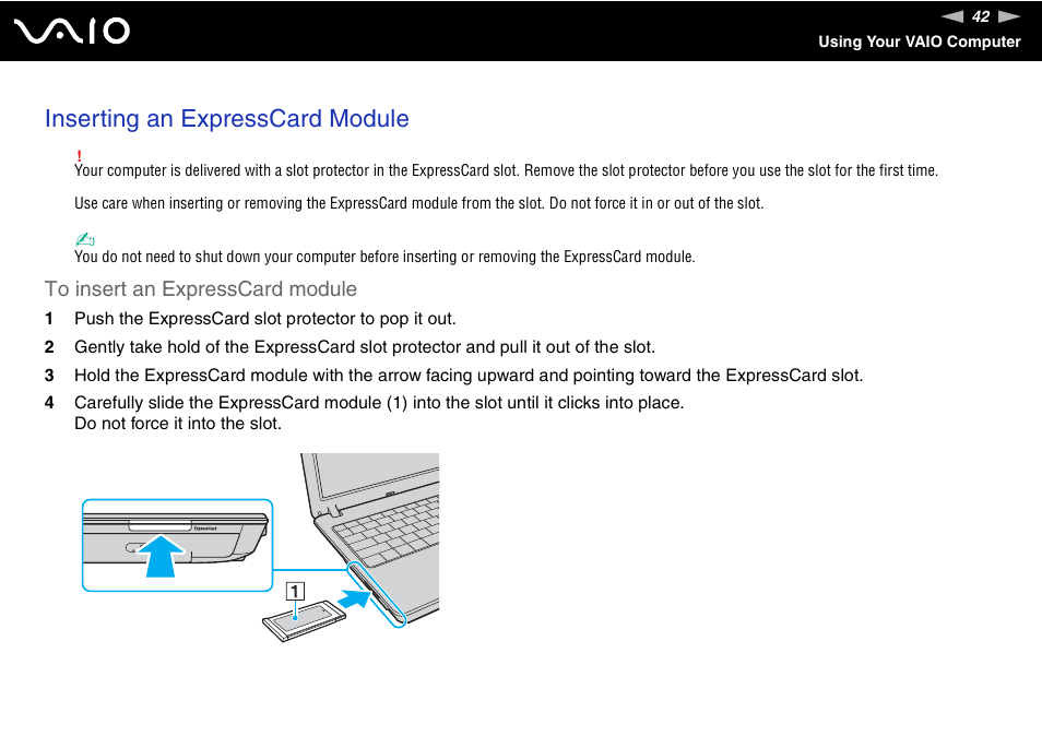 Inserting an expresscard module | Sony VGN-C100 User Manual | Page 42 / 192