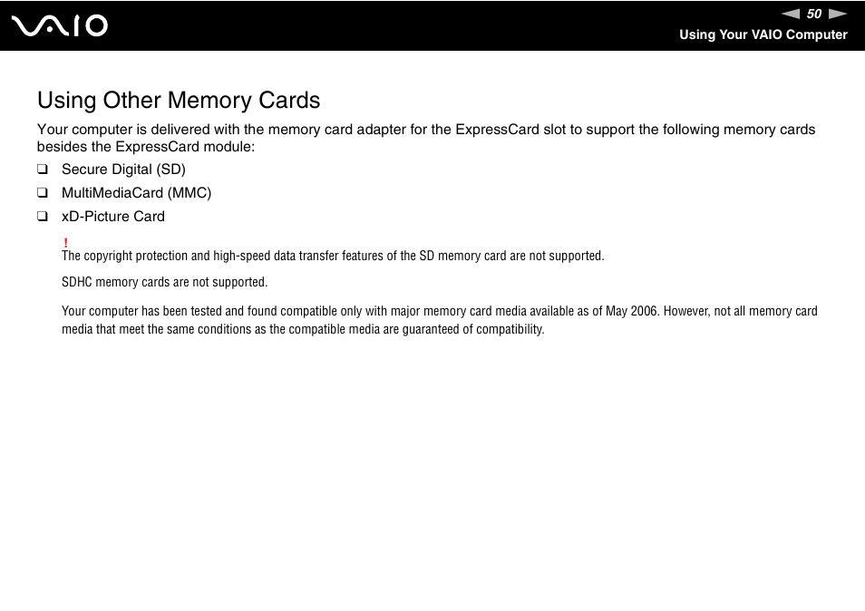 Using other memory cards | Sony VGN-C100 User Manual | Page 50 / 192