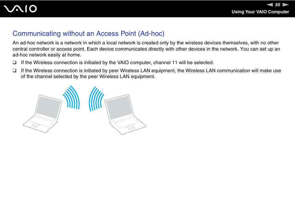 Communicating without an access point (ad-hoc) | Sony VGN-C100 User Manual | Page 55 / 192