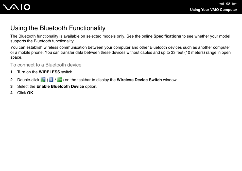 Using the bluetooth functionality | Sony VGN-C100 User Manual | Page 62 / 192