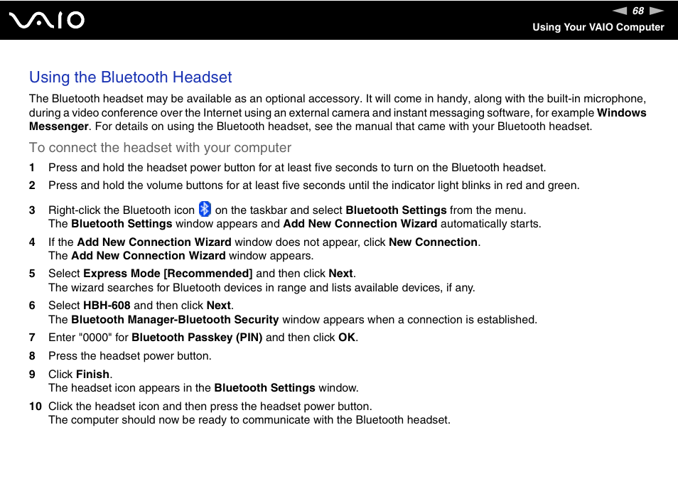 Using the bluetooth headset | Sony VGN-C100 User Manual | Page 68 / 192