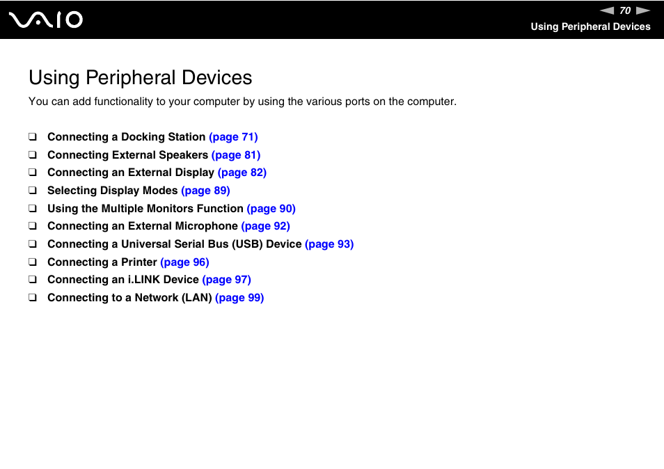 Using peripheral devices | Sony VGN-C100 User Manual | Page 70 / 192