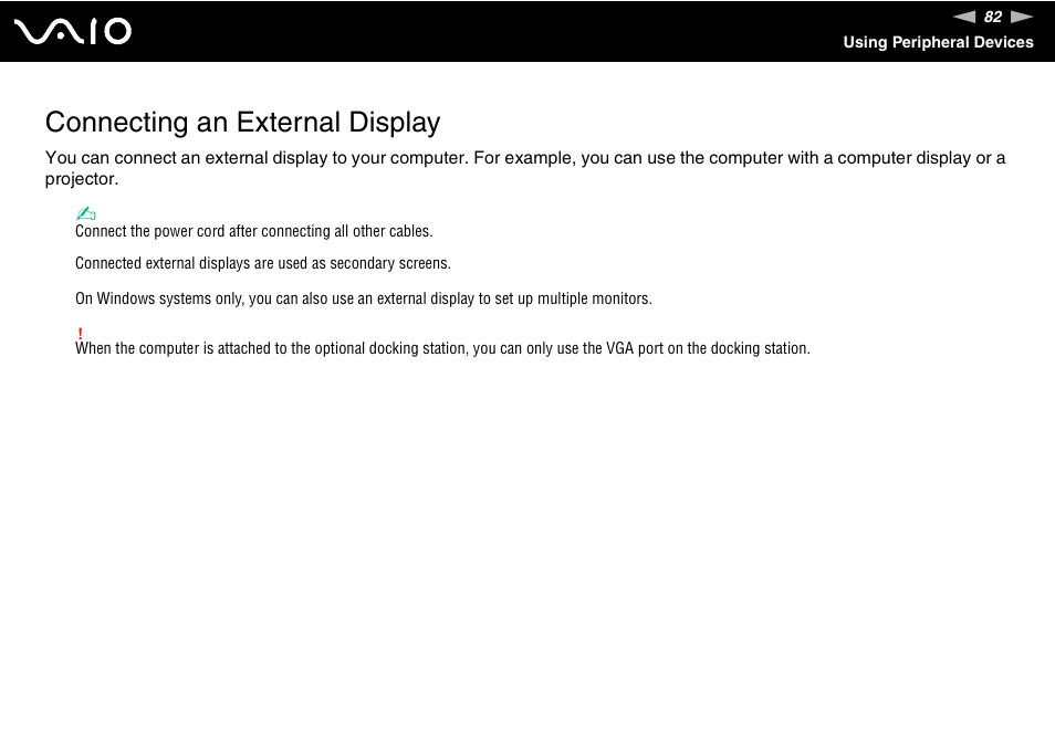 Connecting an external display | Sony VGN-C100 User Manual | Page 82 / 192