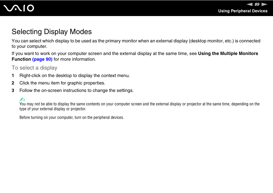 Selecting display modes | Sony VGN-C100 User Manual | Page 89 / 192