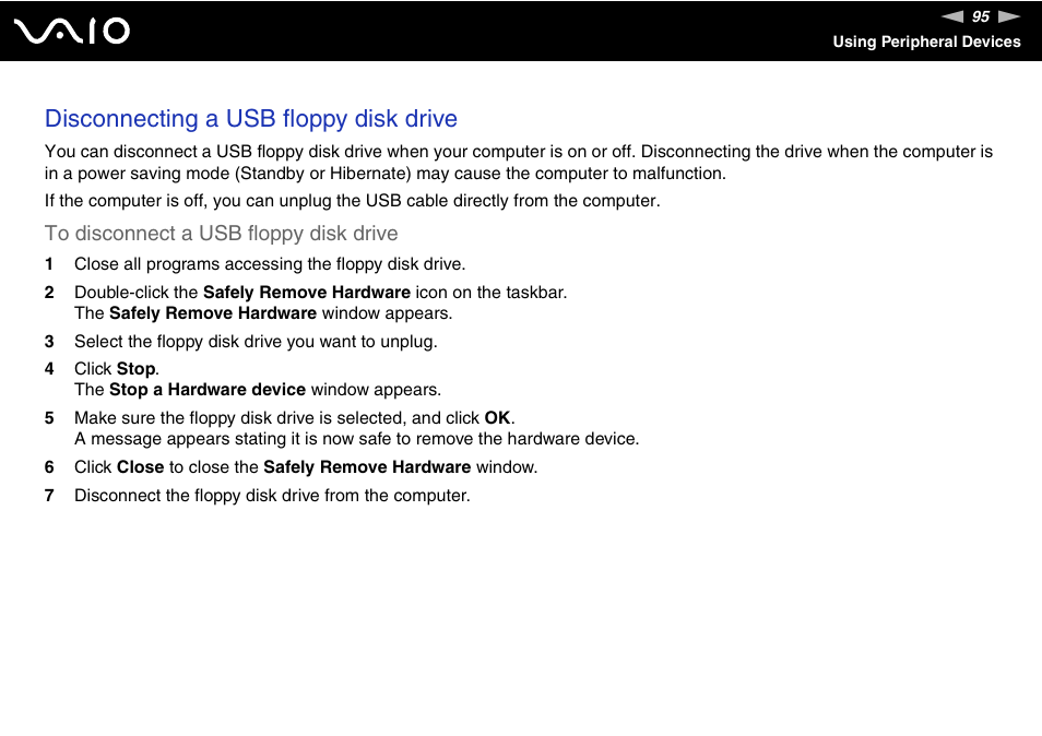 Disconnecting a usb floppy disk drive | Sony VGN-C100 User Manual | Page 95 / 192