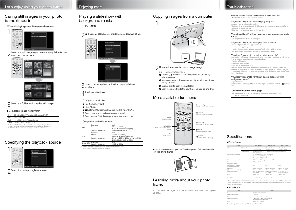 Enjoying more troubleshooting, Playing a slideshow with background music, Copying images from a computer | More available functions, Learning more about your photo frame, Specifications, Specifying the playback source | Sony HD800 User Manual | Page 2 / 2