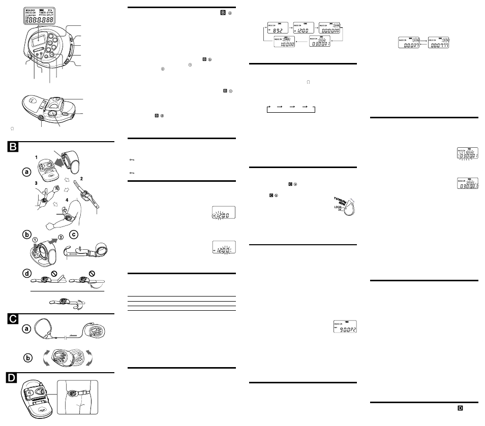 Using the arm band, Preventing accidental change, Setting the clock | Changing am channel step, Selecting the mode, Playing the radio, Improving the reception, Presetting your favorite station, Using the stopwatch, Using the pitch timer | Sony SRF-M80V User Manual | Page 2 / 2