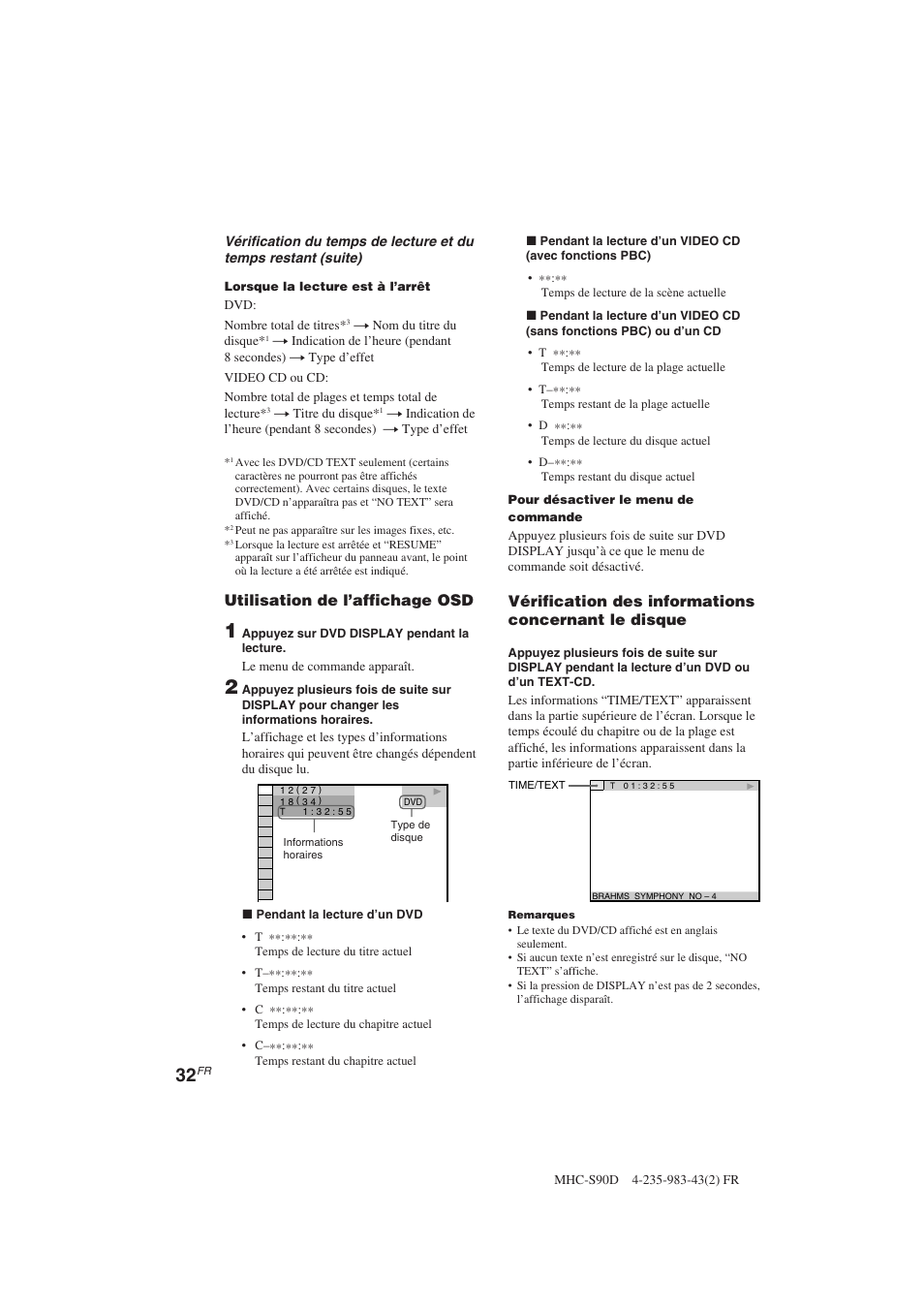 Utilisation de l’affichage osd, Vérification des informations concernant le disque | Sony MHC-S90D User Manual | Page 108 / 228