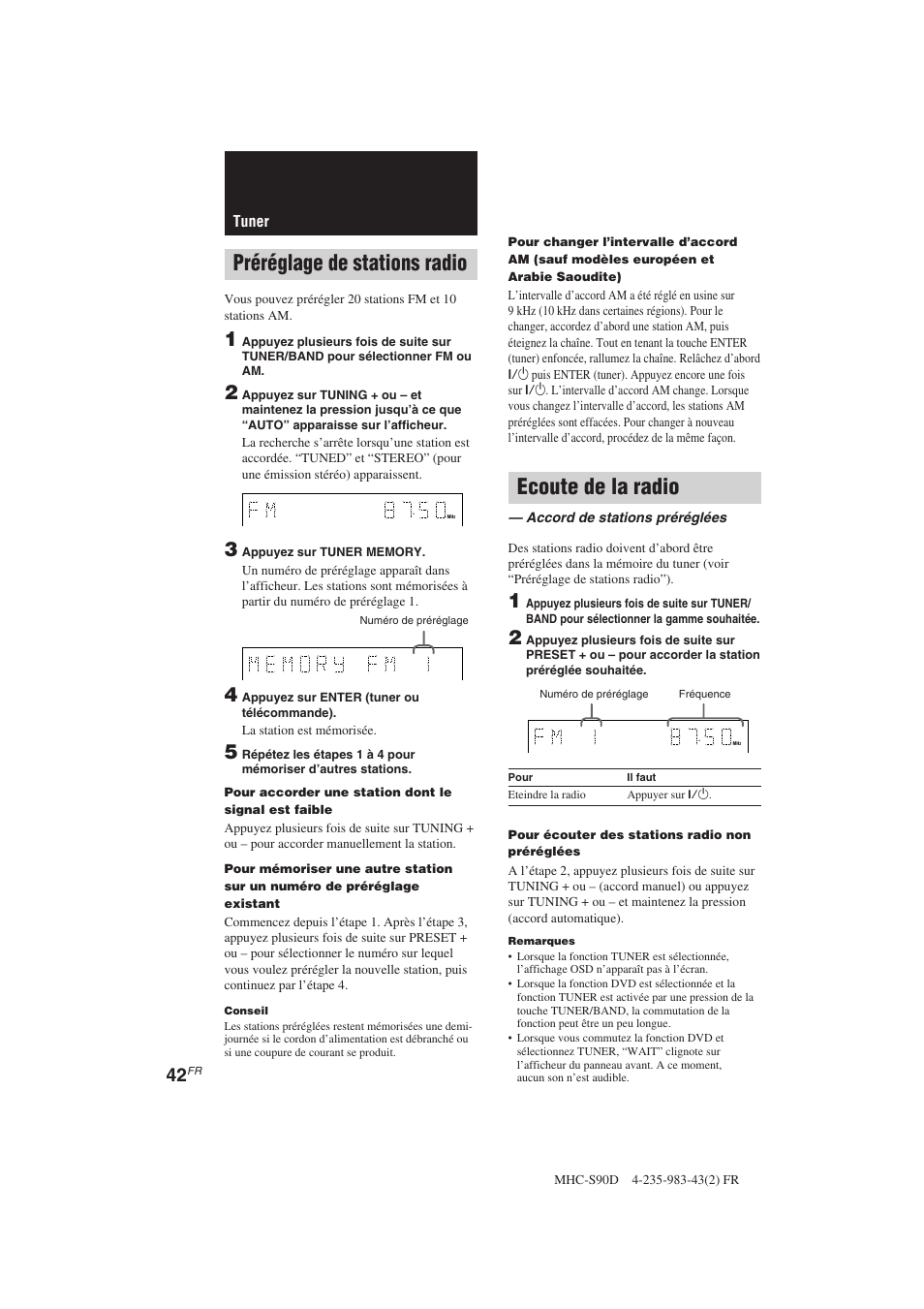 Préréglage de stations radio, Ecoute de la radio | Sony MHC-S90D User Manual | Page 118 / 228