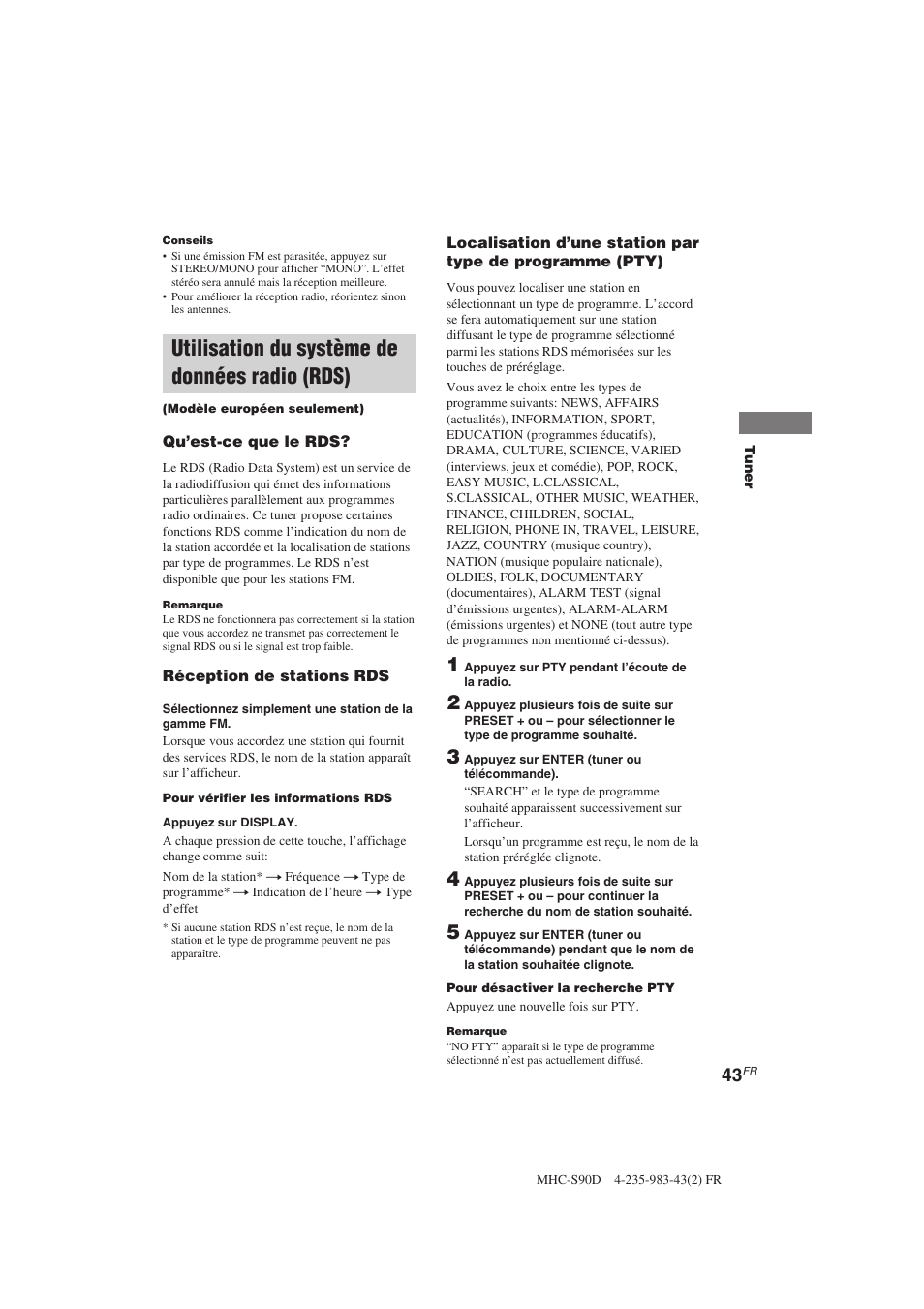 Utilisation du système de données radio (rds) | Sony MHC-S90D User Manual | Page 119 / 228