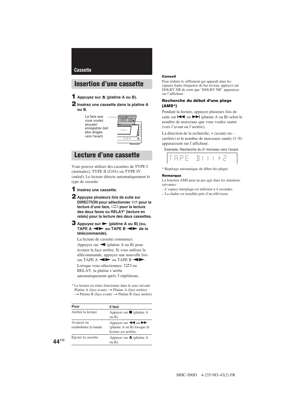 Insertion d’une cassette, Lecture d’une cassette, Cassette | Sony MHC-S90D User Manual | Page 120 / 228