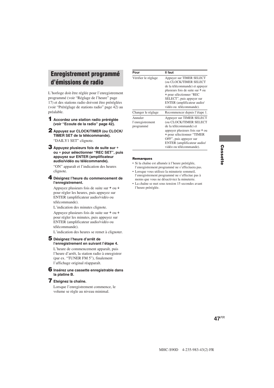 Enregistrement programmé d’émissions de radio | Sony MHC-S90D User Manual | Page 123 / 228