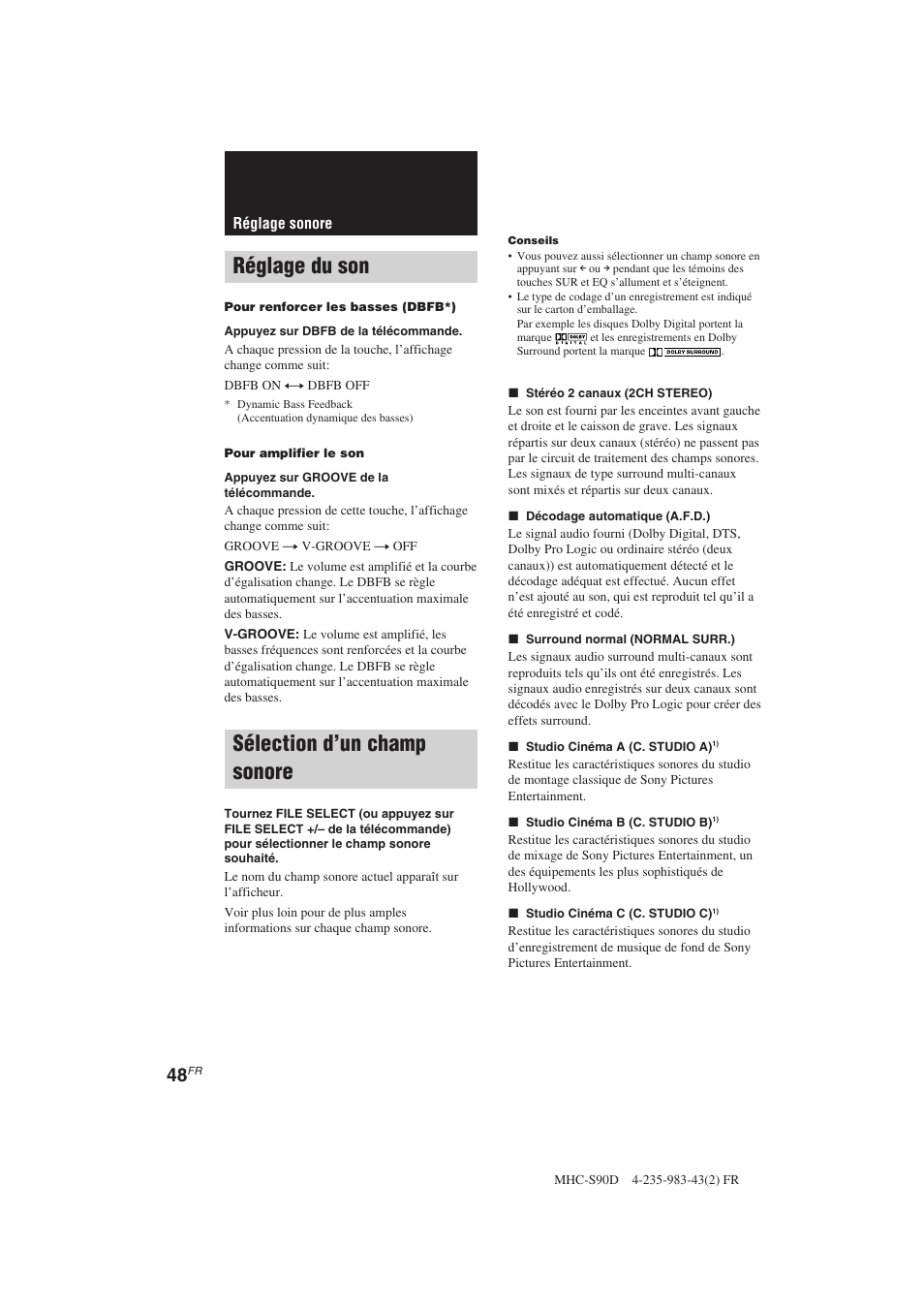 Réglage du son, Sélection d’un champ sonore | Sony MHC-S90D User Manual | Page 124 / 228
