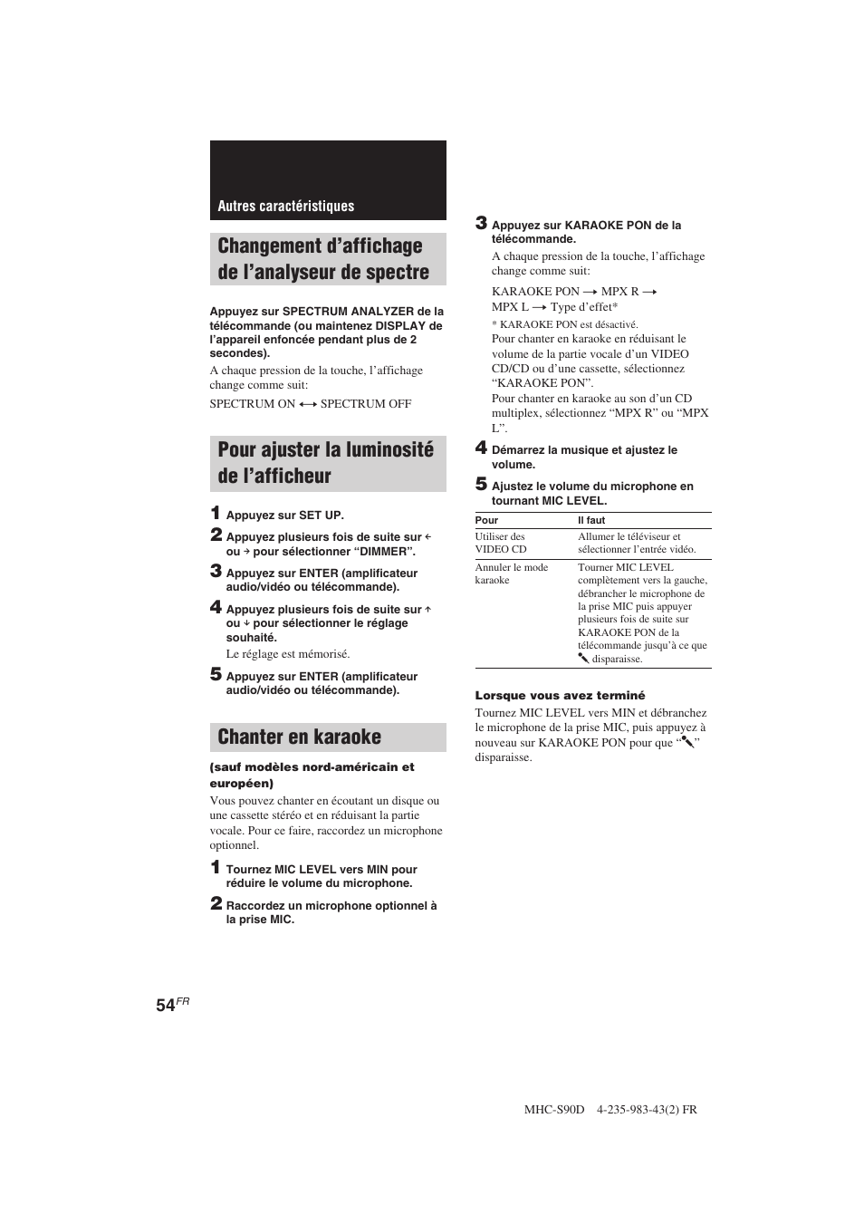 Changement d’affichage de l’analyseur de spectre, Pour ajuster la luminosité de l’afficheur, Chanter en karaoke | Sony MHC-S90D User Manual | Page 130 / 228