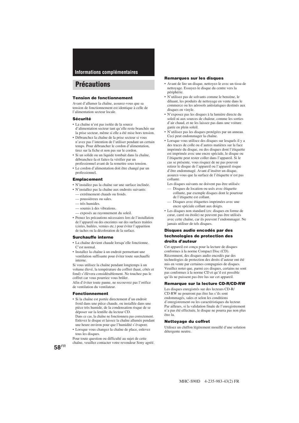 Précautions, Informations complémentaires | Sony MHC-S90D User Manual | Page 134 / 228