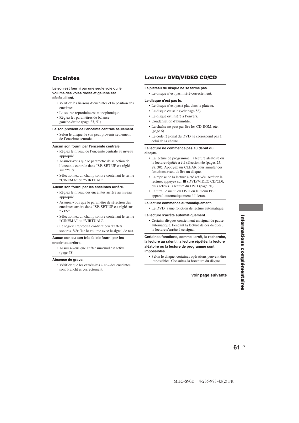 Enceintes, Lecteur dvd/video cd/cd | Sony MHC-S90D User Manual | Page 137 / 228