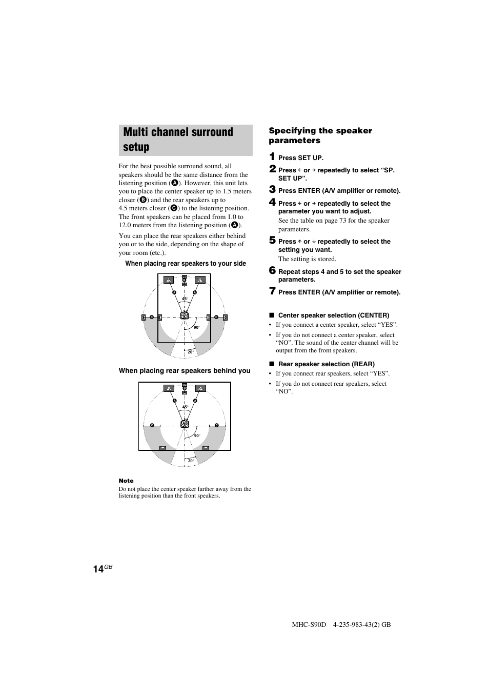 Multi channel surround setup, Specifying the speaker parameters | Sony MHC-S90D User Manual | Page 14 / 228