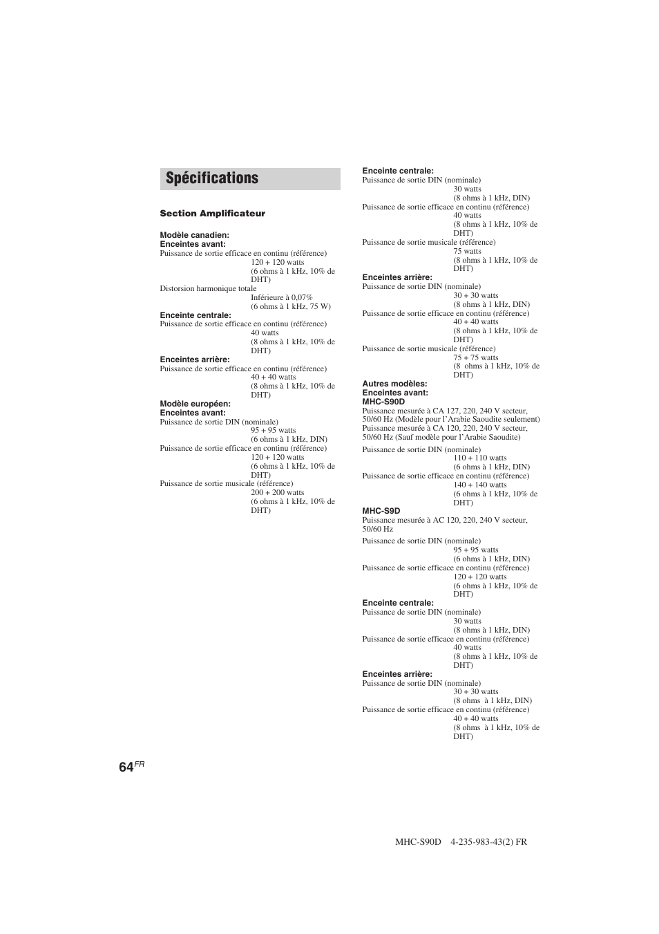 Spécifications | Sony MHC-S90D User Manual | Page 140 / 228