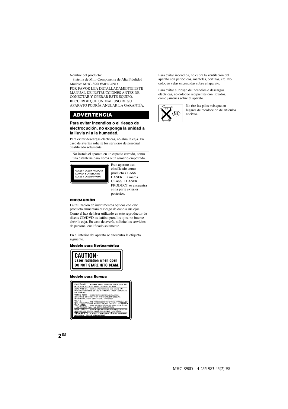 Advertencia | Sony MHC-S90D User Manual | Page 154 / 228