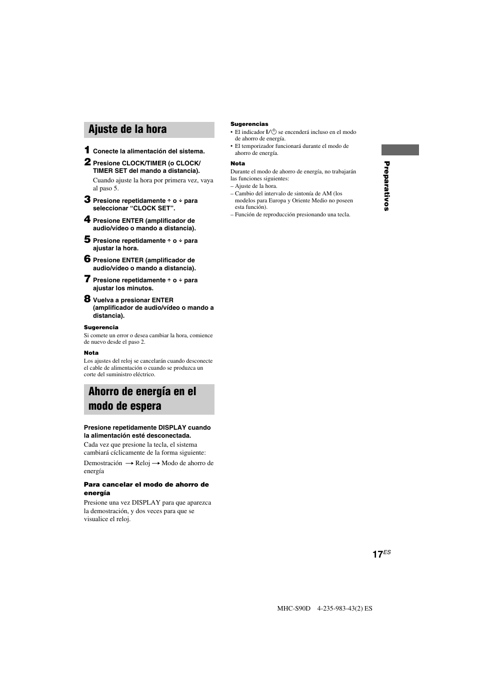 Ajuste de la hora, Ahorro de energía en el modo de espera | Sony MHC-S90D User Manual | Page 169 / 228