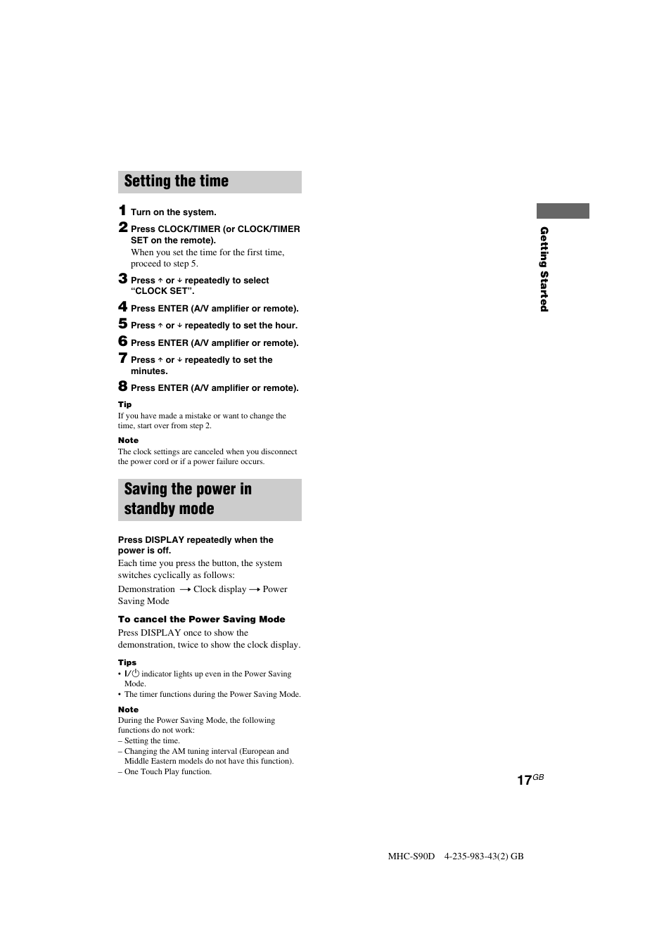 Setting the time, Saving the power in standby mode | Sony MHC-S90D User Manual | Page 17 / 228
